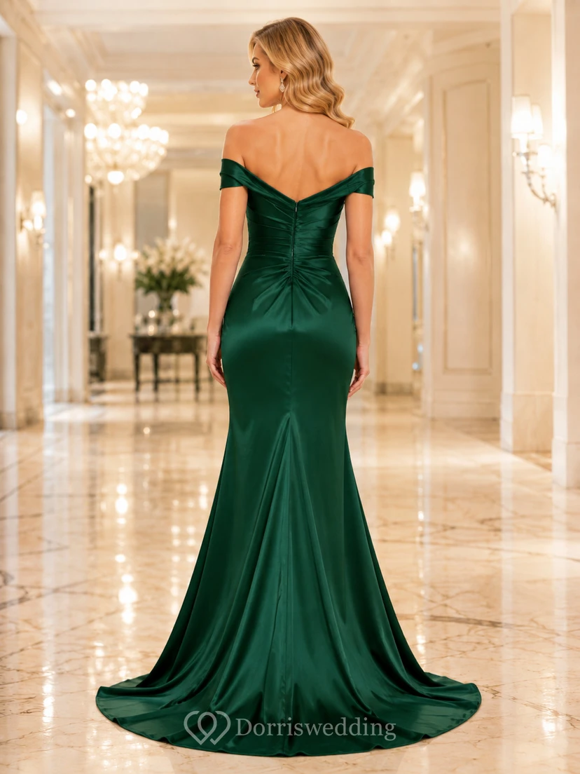 Dark Green Satin Off Shoulder Slit Mermaid Evening Gown view 2