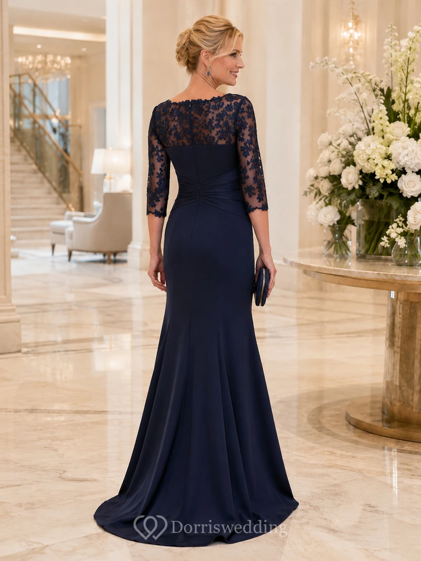 Modest Navy Bateau Three Quarter Lace Sleeve Mermaid Mother Wedding Dress view 2