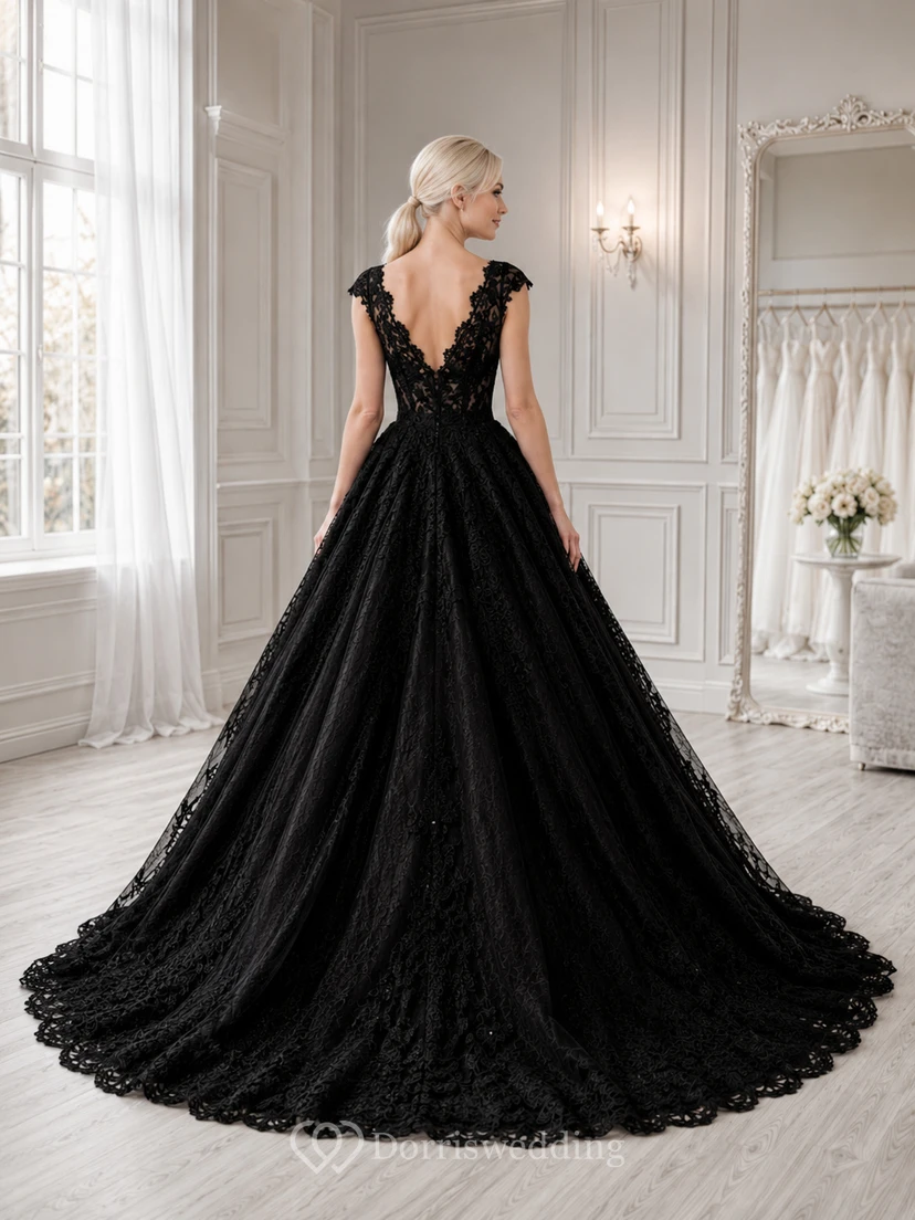 Robe de mariée noire en dentelle à col V profond et manches courtes view 2