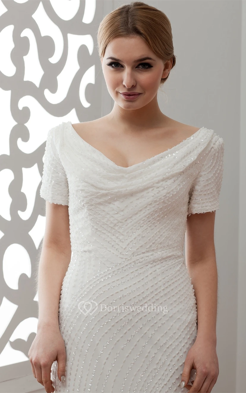 Mini-Sleeve Sheath V-Neck Sweep Train and Dress With Beading view 3