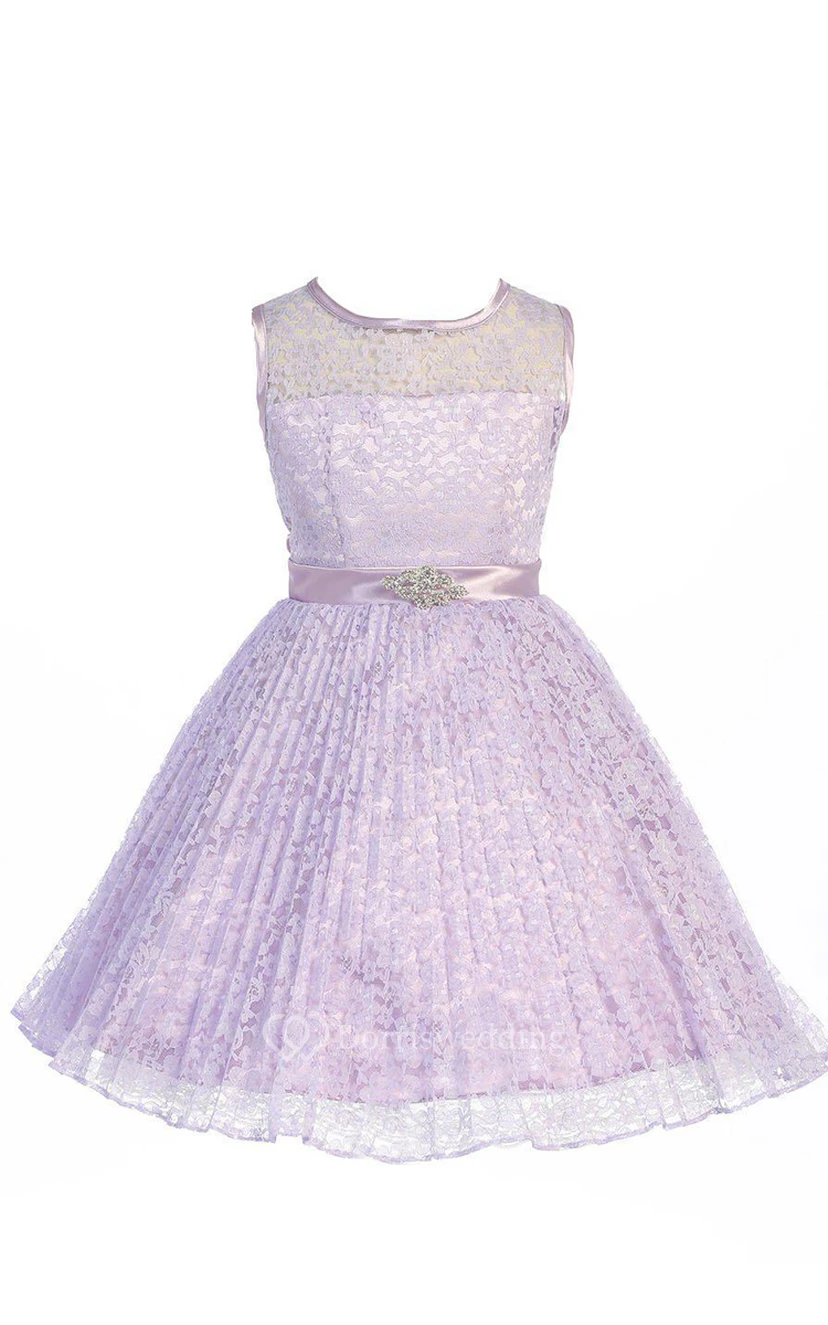 A-line Sleeveless Jewel Neck Lace Dress With Satin Belt view 7