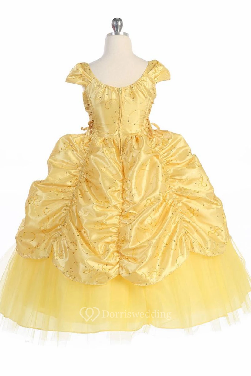 Ankle-Length Tiered Embroideried Lace&Taffeta Flower Girl Dress With Broach view 2