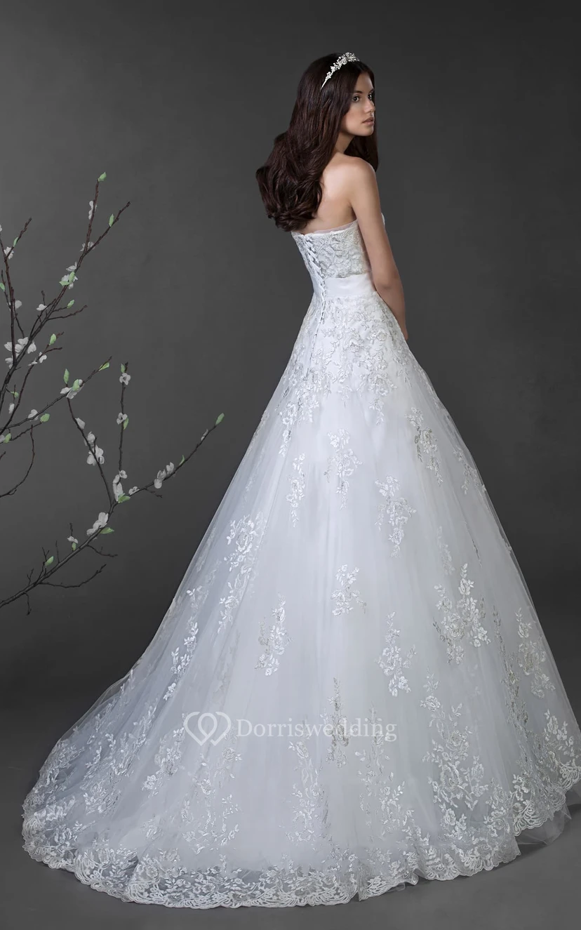 A-Line Long Strapless Sleeveless Lace-Up Lace Dress With Bow And Appliques view 2
