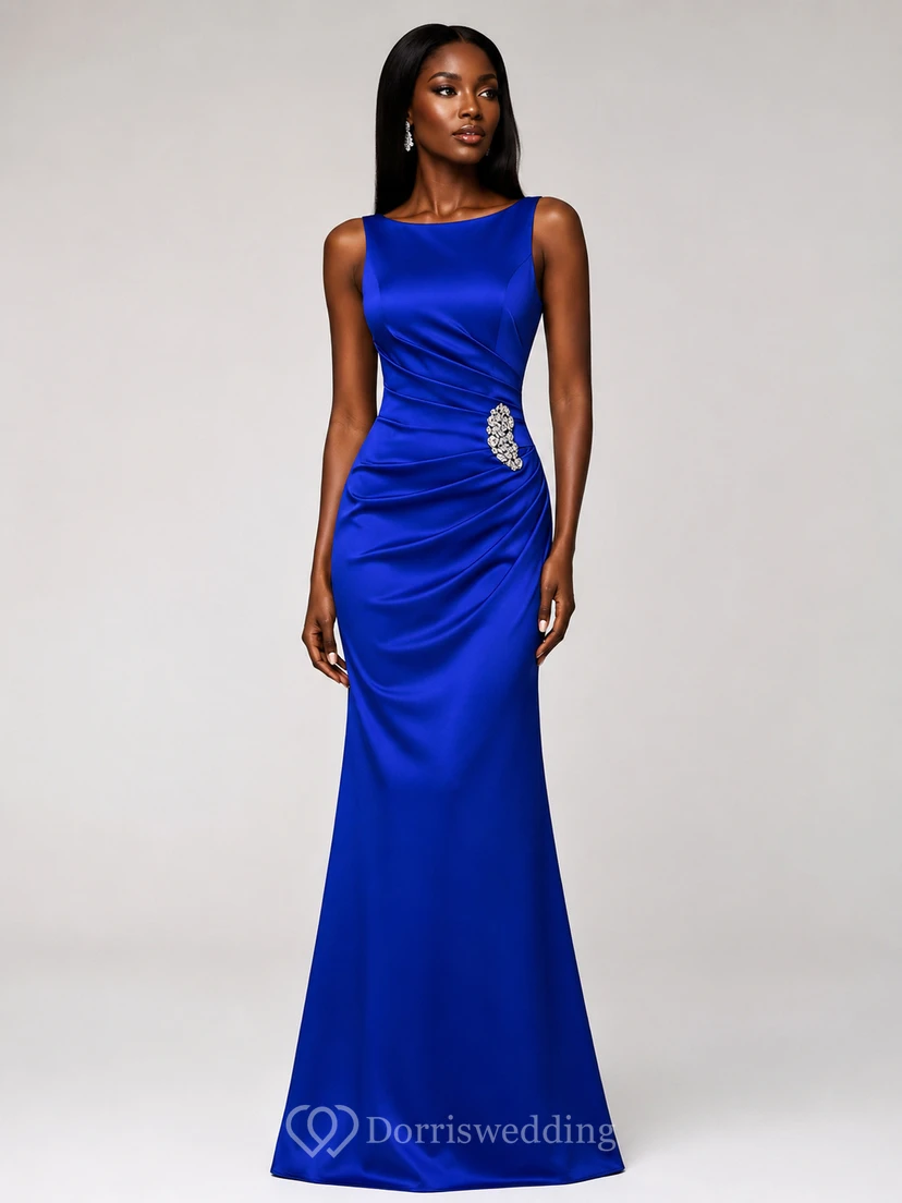 Cap-sleeved Bateau-neck Satin Gown With Beadings view 5