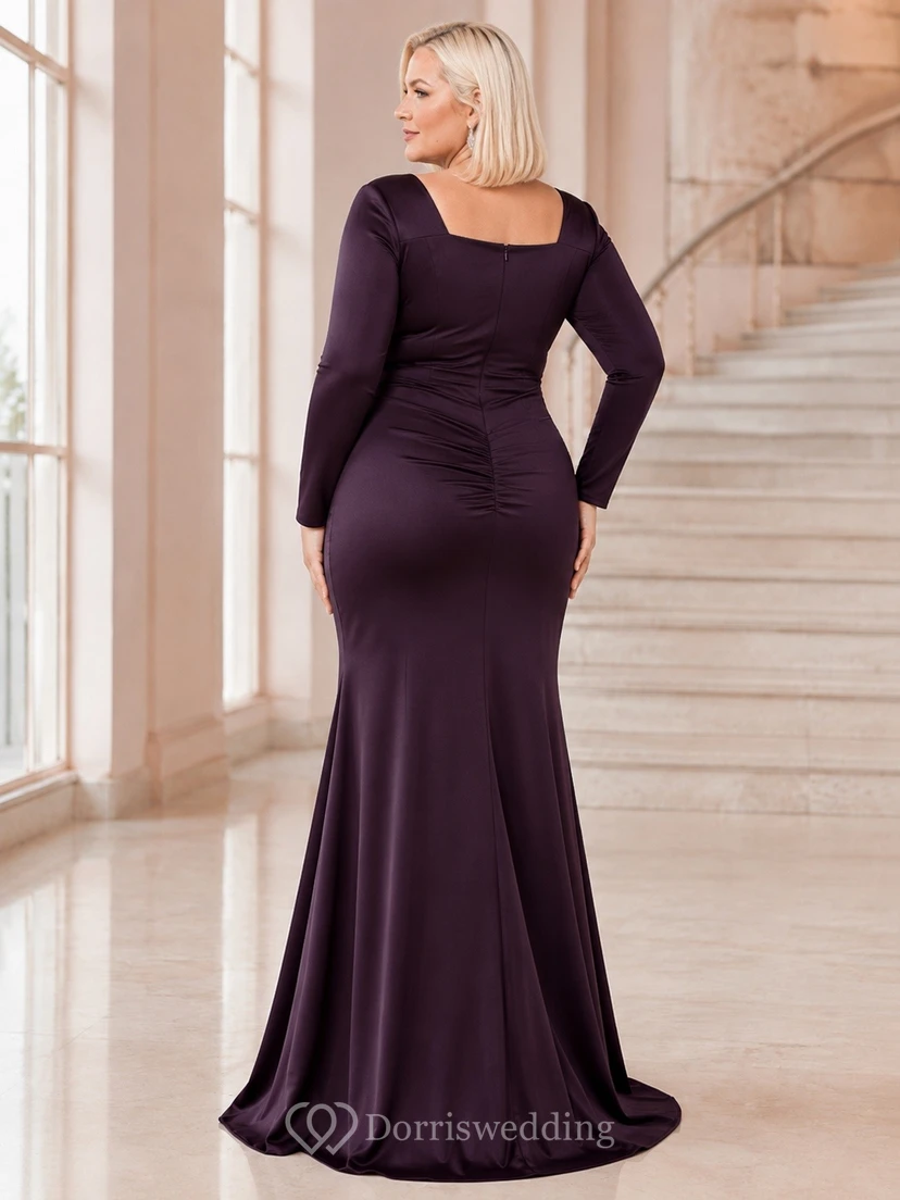 Sexy Plum Velvet Mermaid Floor-Length Square Neck Long Sleeve Evening Dress view 2