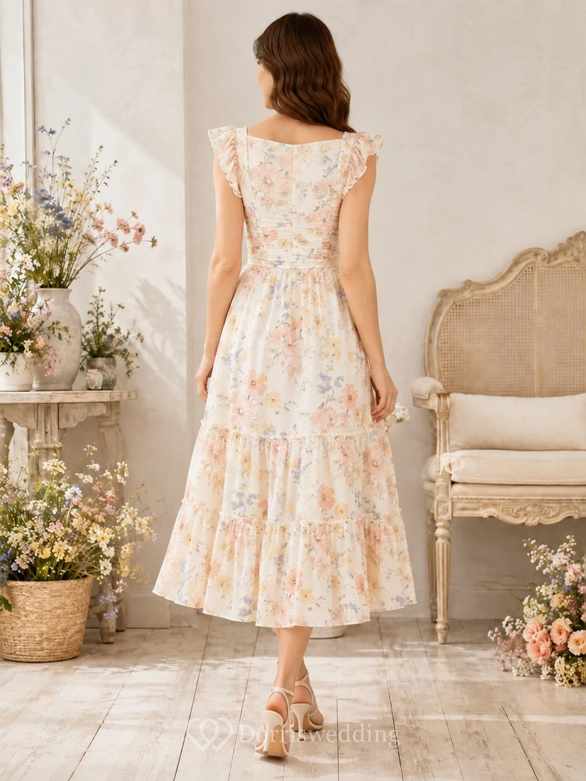 Ivory Floral Chiffon Jewel Neck Short Sleeve A-Line Tea-length Dress view 2