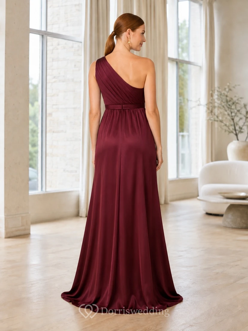 Burgundy Jersey One Shoulder Sleeveless Empire Slit Floor Length Maternity Evening Gown view 2