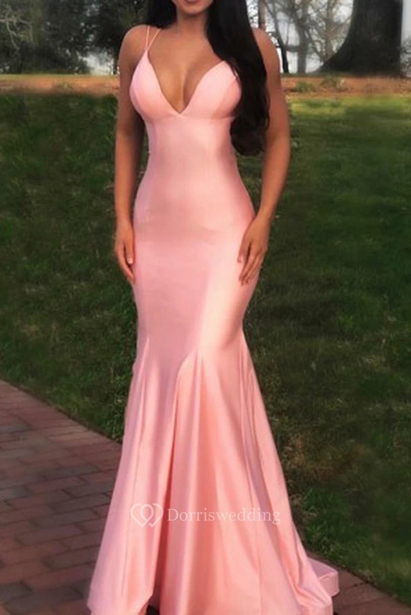 Sexy Satin Mermaid Spaghetti Floor Length Dress with Open Back