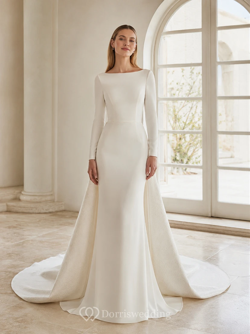 Robe de mariée minimaliste en satin poli, col bateau, manches longues cintrées, fourreau et traîne courte.