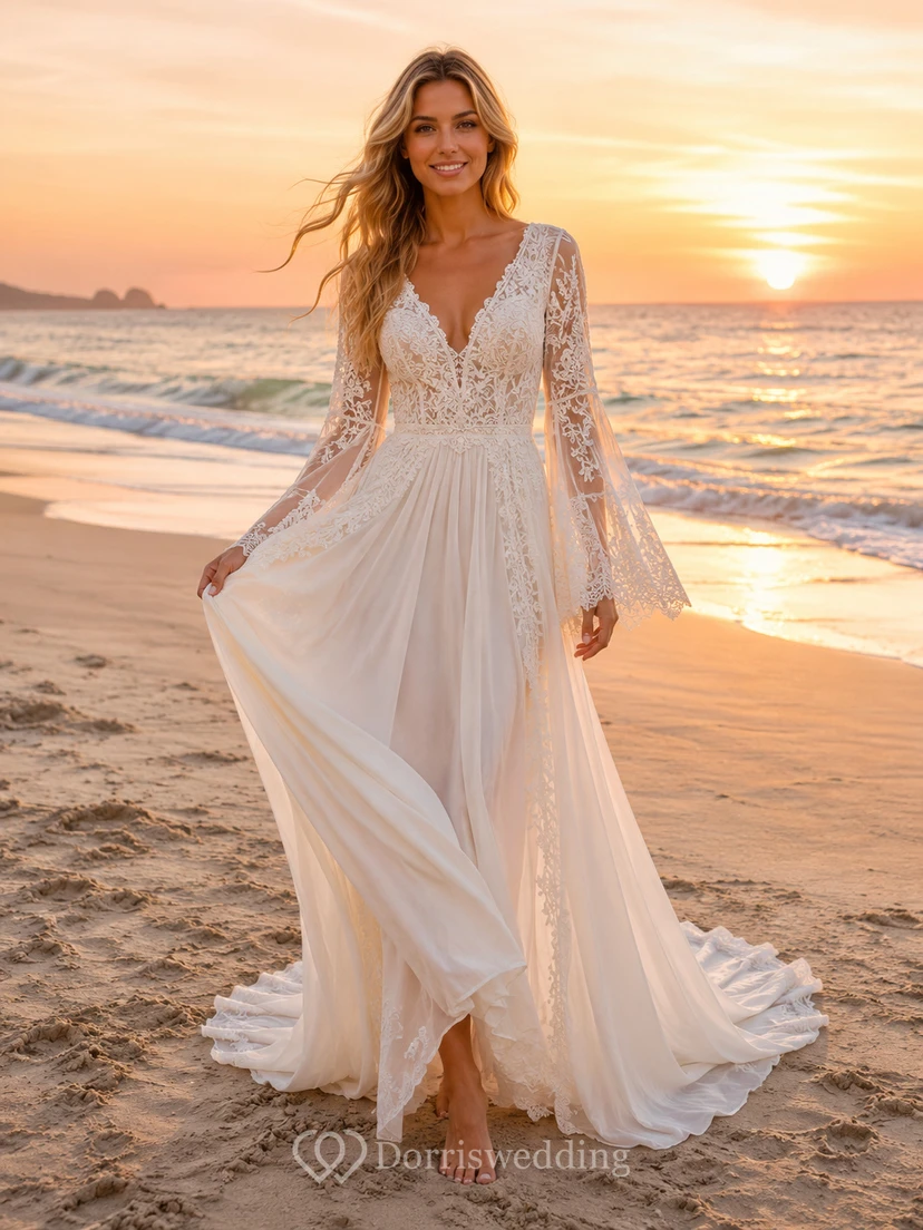 Boho Bell Sleeve Lace Beach Chapel Wedding Dress