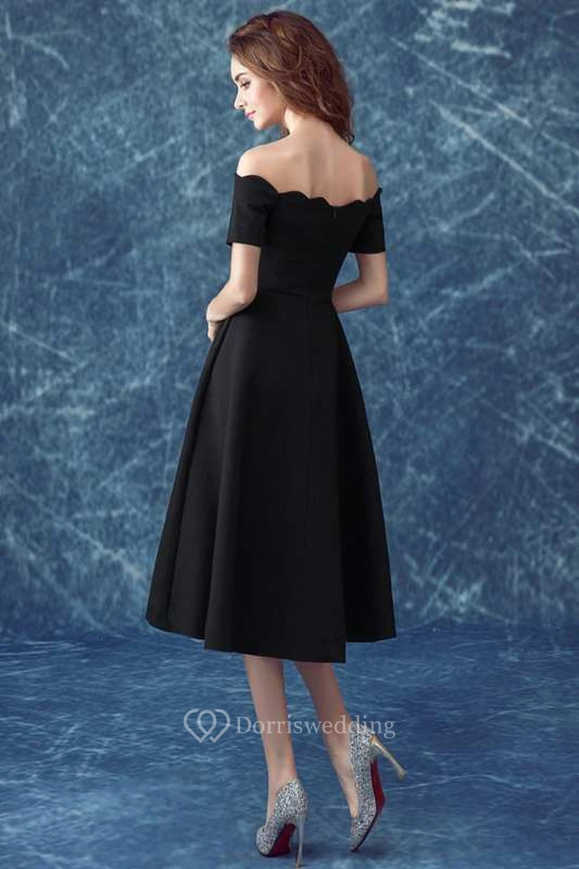Off The Shoulder Short Sleeve A-line Pleated Short Spandex Dress view 2