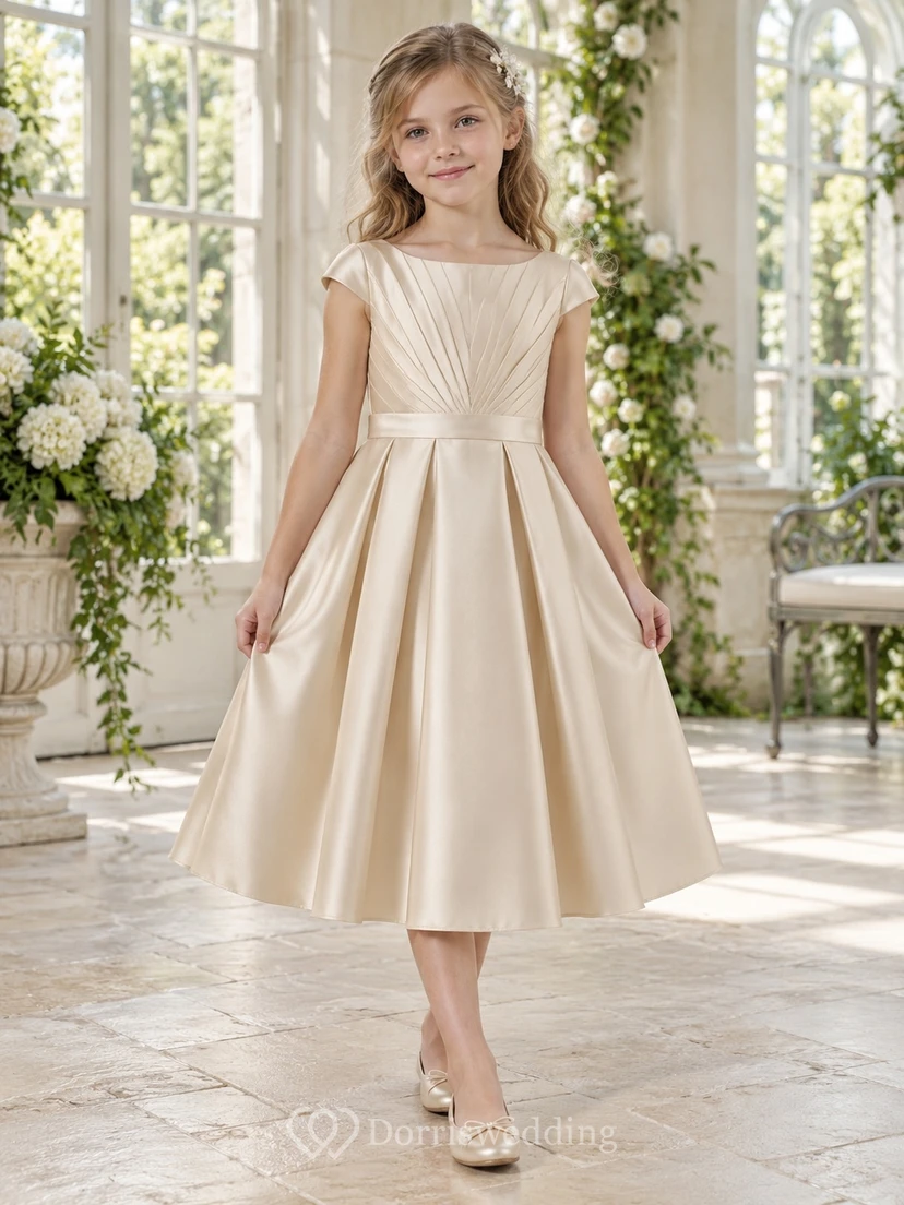 Simple Tea-length Champagne Satin Jewel Cap-sleeve Radial-bodice Pleated Waistband Zipper-back Flower Girl Dress