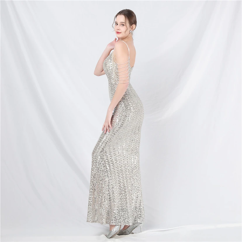 Robe de soirée longue à sequins et perles fantaisie view 3