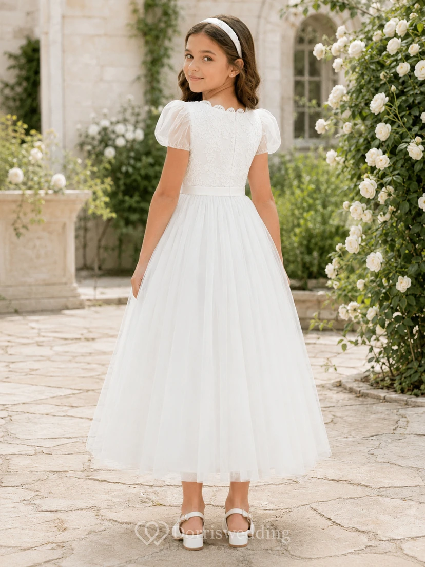 Teelanges Kleid mit Puffärmeln, Spitzenoberteil und Tüll, Kommunionskleid für Blumenmädchen, Blumenmädchenkleid view 2