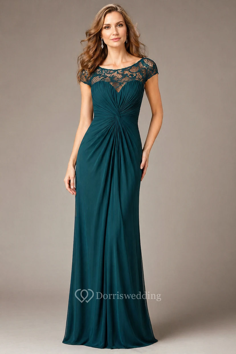 Robe longue à manches courtes froncée pour la mère de la mariée, avec encolure en dentelle illusion view 7