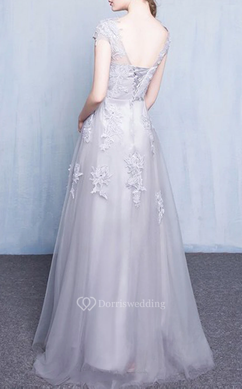 Tüll-Abendkleid in A-Linie, bodenlang, kurzärmelig, lässig, mit Applikationen view 2
