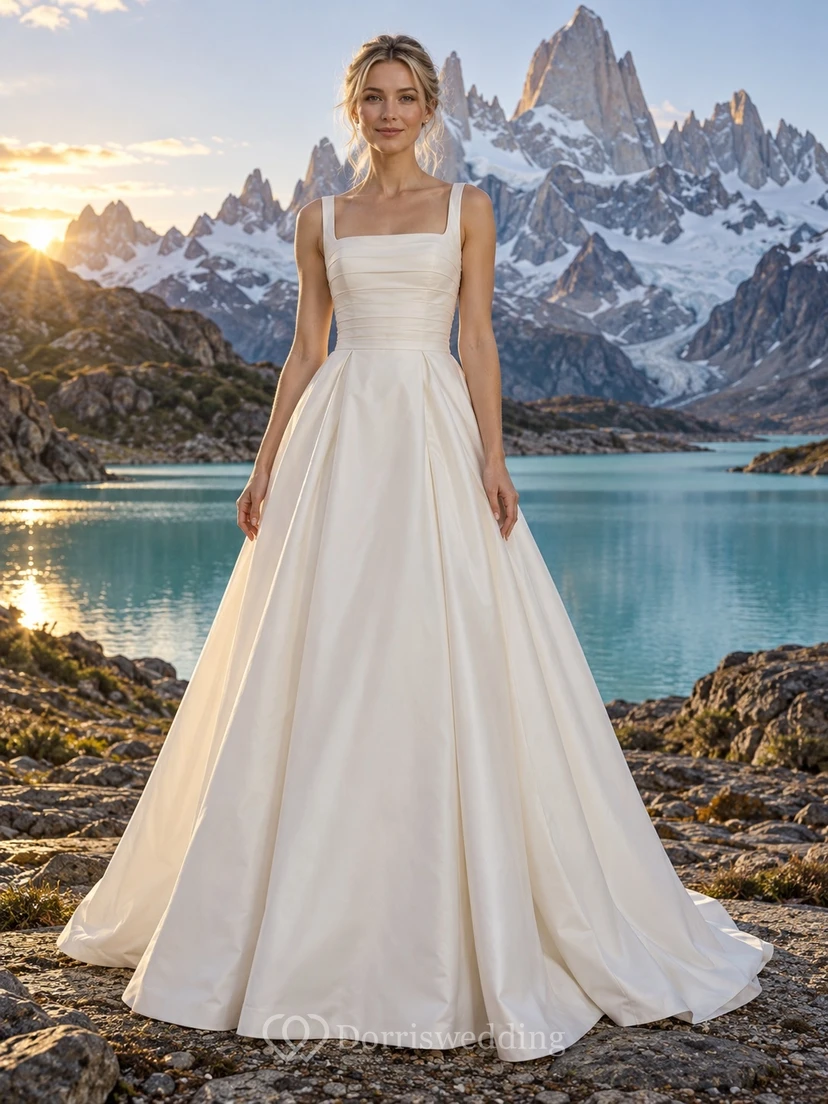 Sencillo vestido de novia de tafetán con escote cuadrado, tirantes, corpiño con pliegues y falda en línea A.