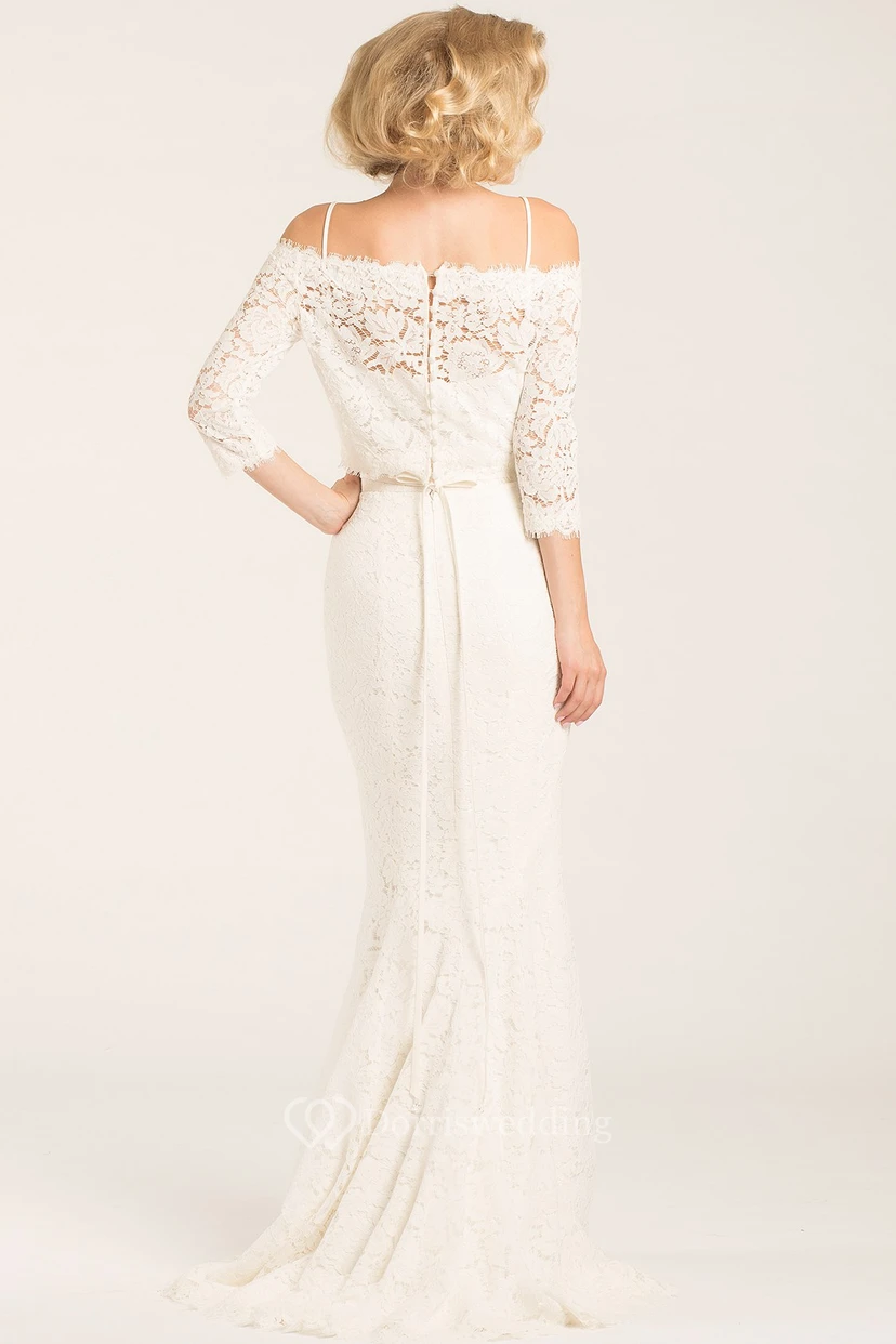 Floor-Length Off-The-Shoulder Half Sleeve Jeweled Lace Wedding Dress view 2