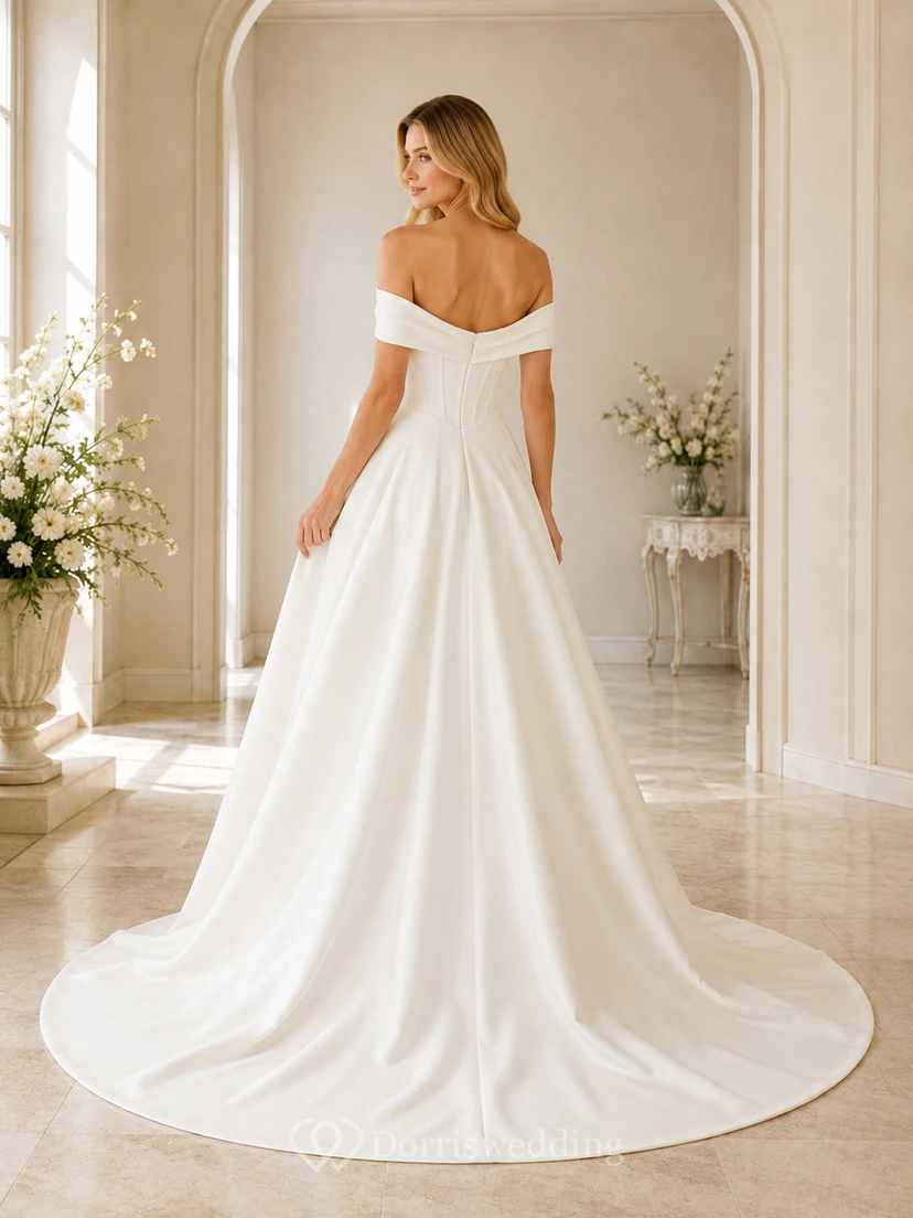Brautkleid aus Satin in A-Linie, schulterfrei, kurze Ärmel, Kapellenschleppe mit Schlitz view 2