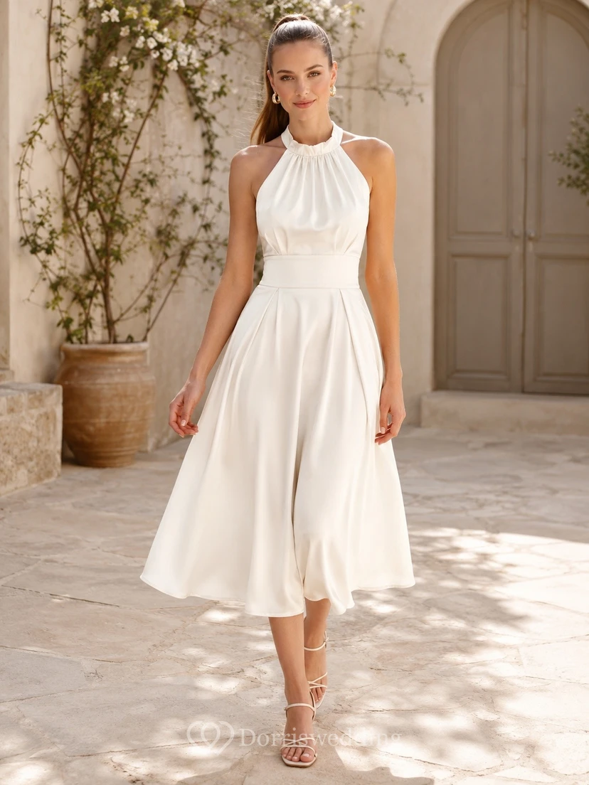 White Halter Pleated Satin A-Line Tea-Length Formal Dress