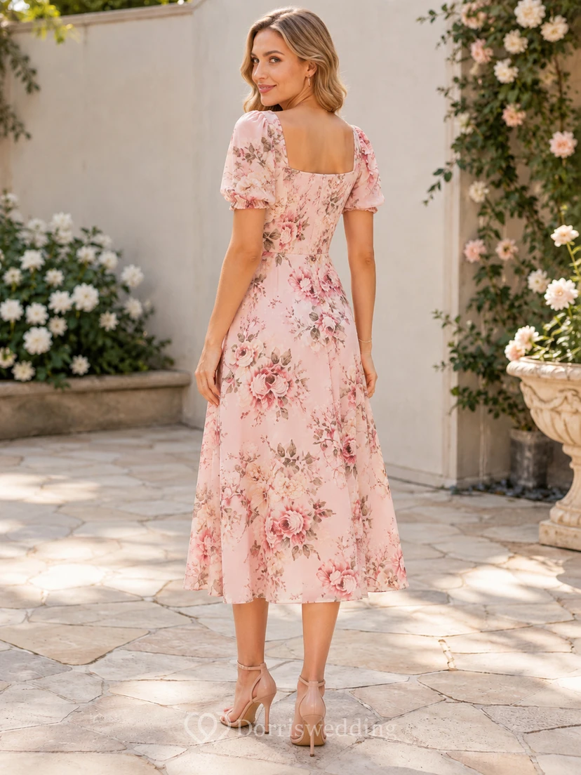 Robe de maternité rose à fleurs, col carré, manches bouffantes, longueur midi, coupe trapèze, ornée de fleurs. view 2
