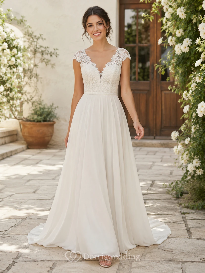 Affordable V Neck Lace Chiffon Wedding A Line Cap Sleeve Court Train