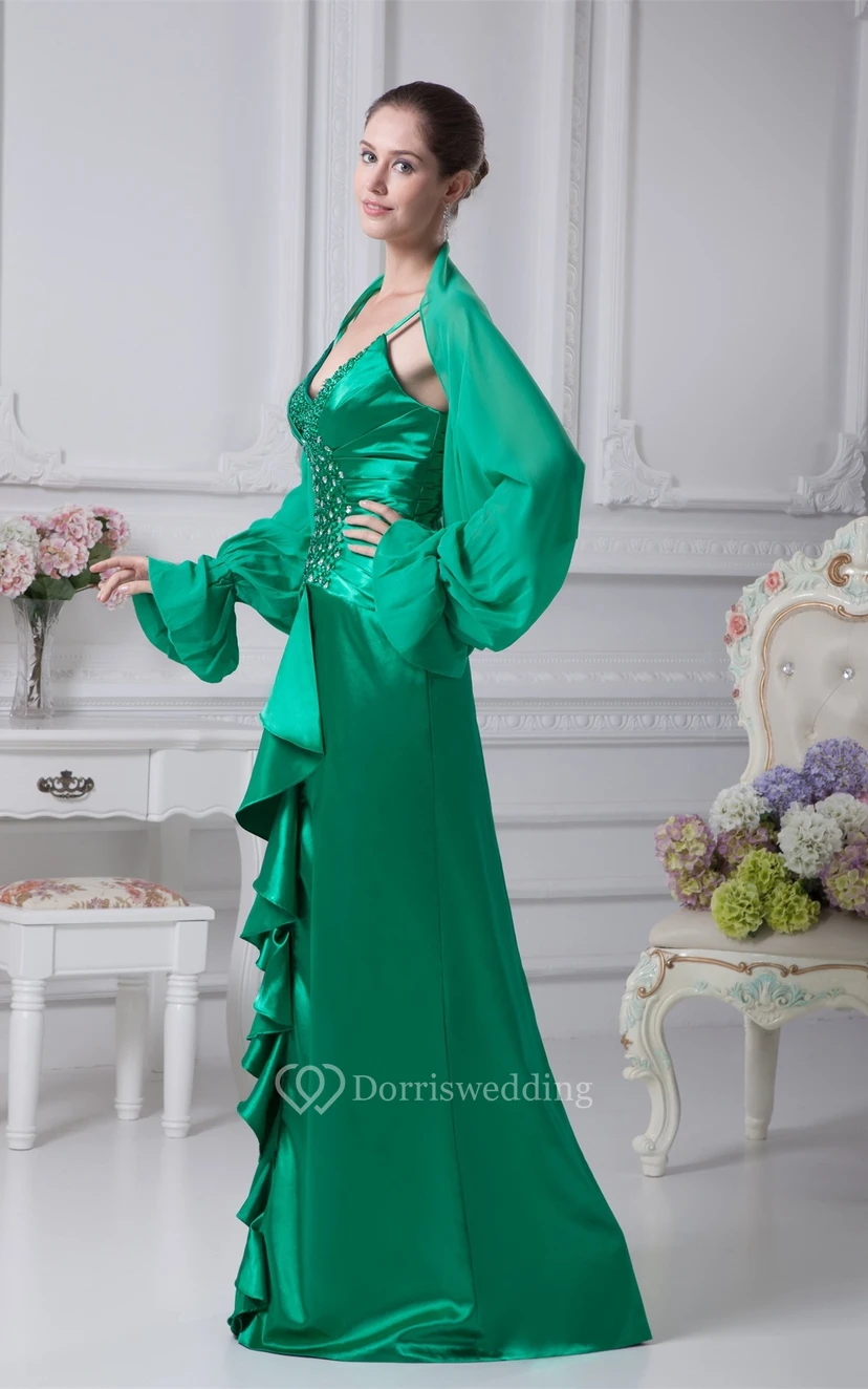 Spaghettiträger-Kleid aus Satin mit Raffungen, Kristallverzierungen und passendem Bolero view 4