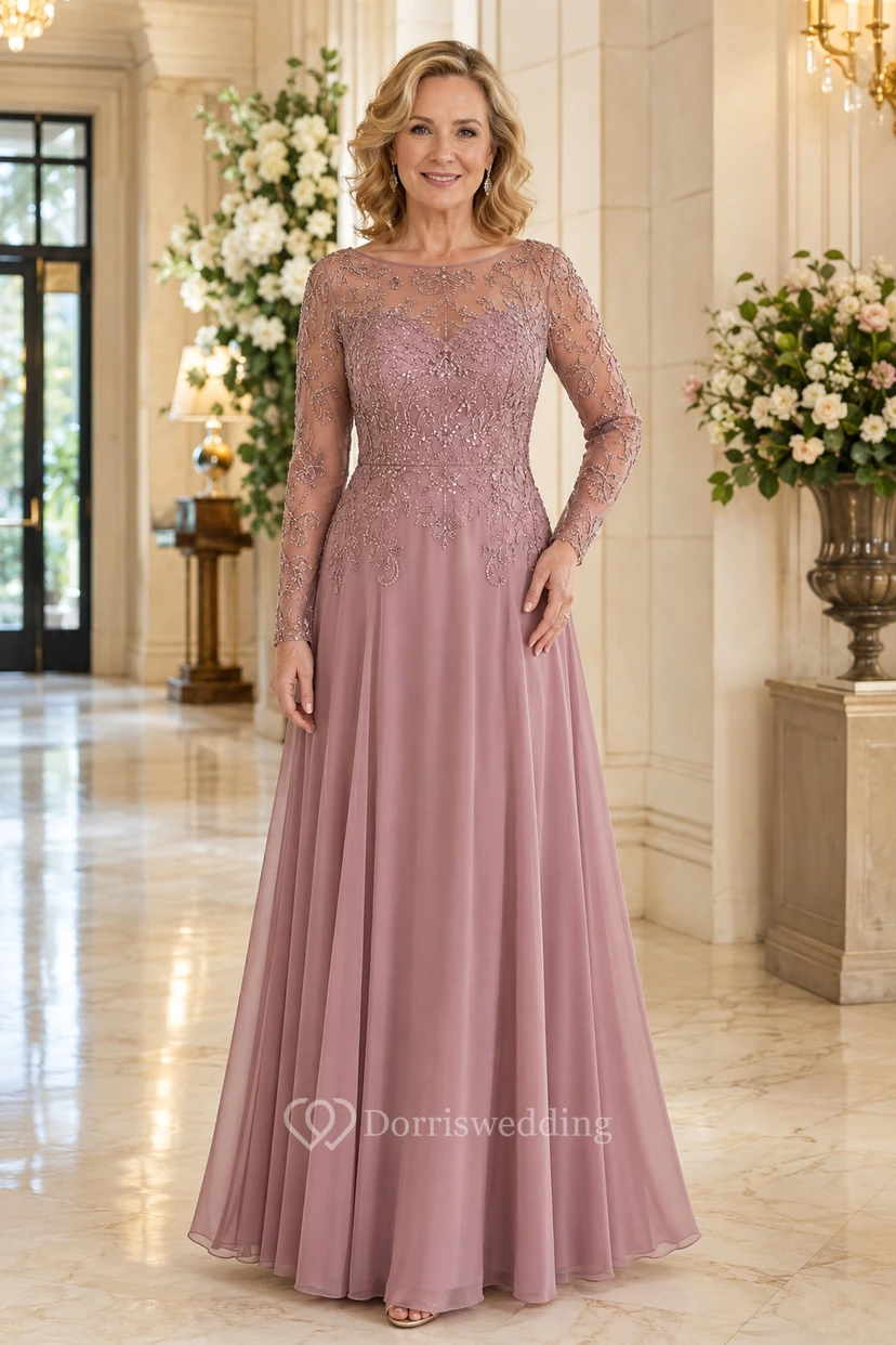 Mauve Lace Bodice Long Sleeve A-Line Mother Dress