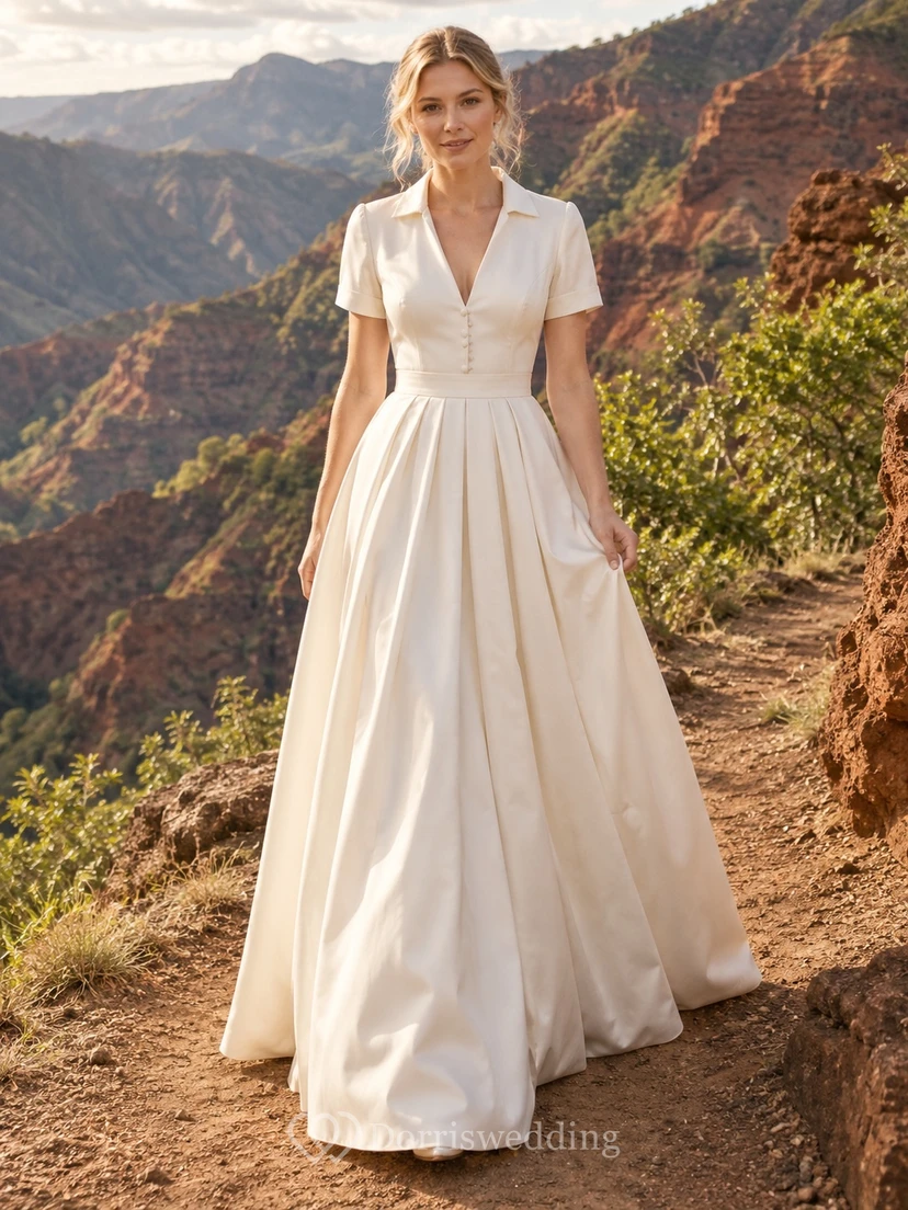 Vestido de novia sencillo de satén tejido con cuello en V, manga corta y botones, corte en A.