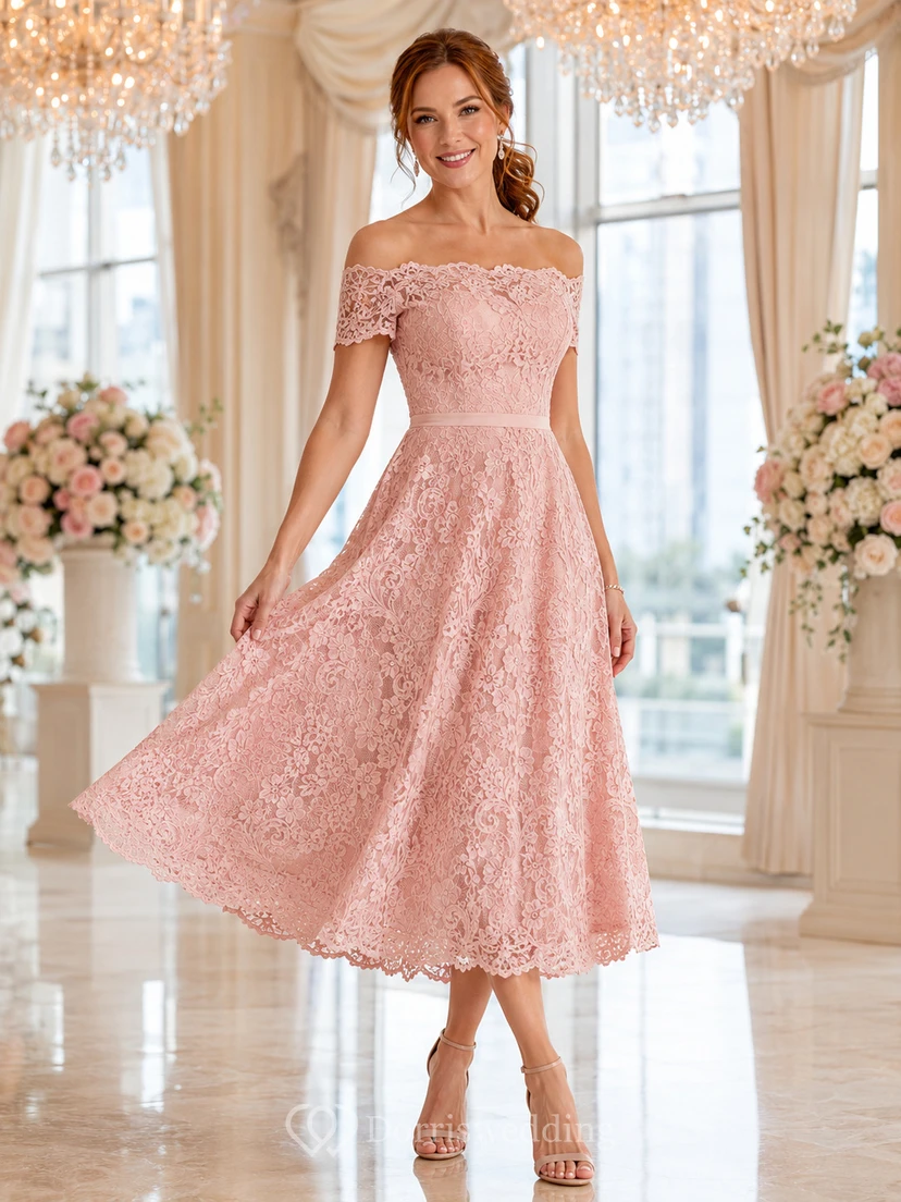Blush Lace Off Shoulder A Line Awards Luncheon Midi Dress
