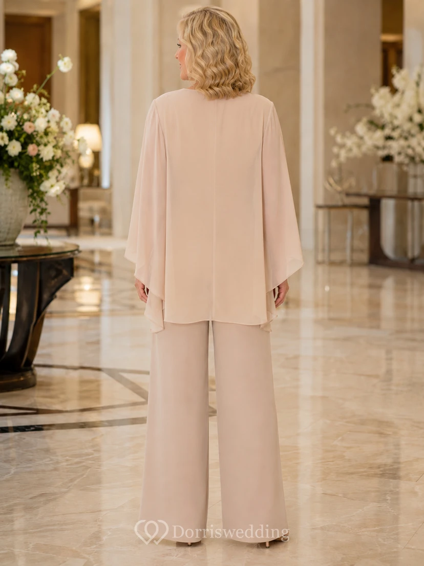 Mother Champagne Chiffon Jumpsuit with Scoop Neck Cape Jacket and Wide Leg Pants view 2