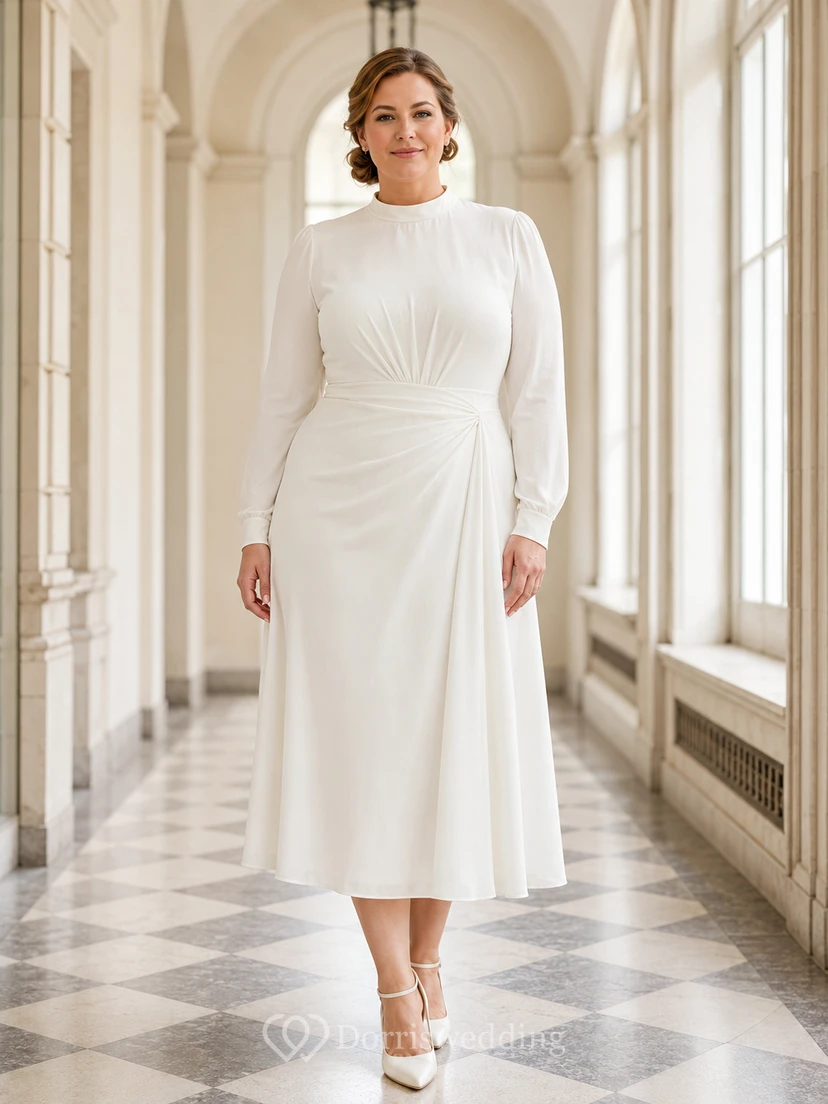Plus Size High Neck Long Sleeve Jersey Sheath Tea-Length Wedding Dress