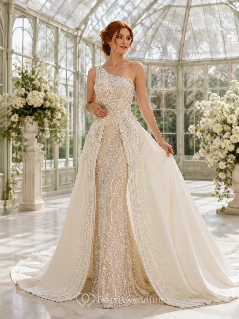 Robe de mariée trapèze en dentelle et satin, bustier cœur, jupe drapée et traîne chapelle