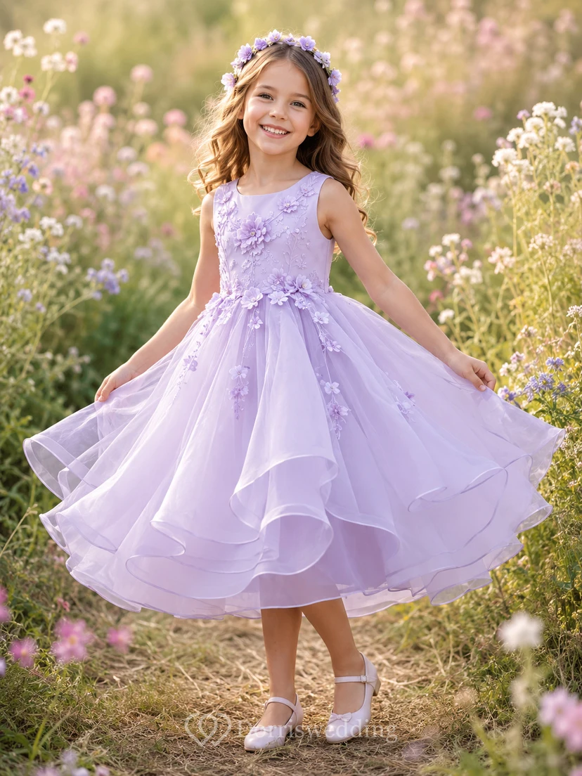 Blumenmädchenkleid Lavendel Spitze Tüll A-Linie Rundhalsausschnitt Teelänge