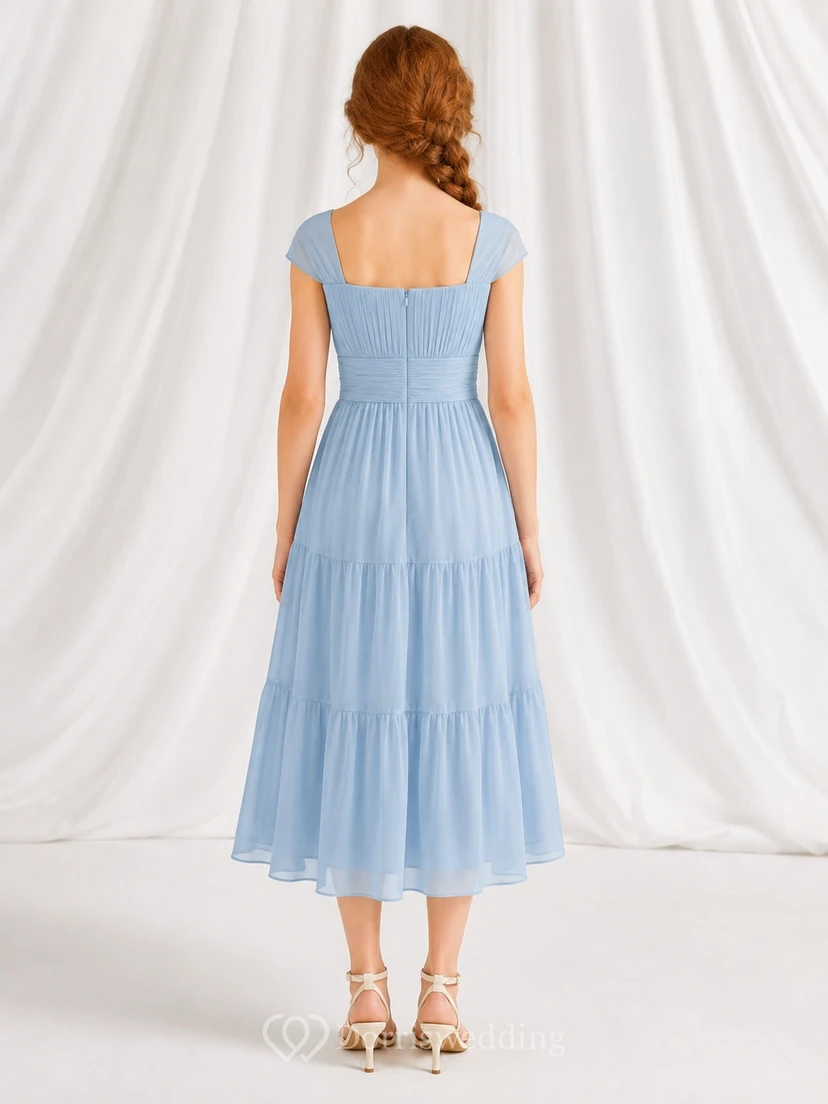 Himmelblaues Brautjungfernkleid für junge Mädchen, A-Linie, eckig, kurze Ärmel, Teelänge, Chiffon, gestuft, elegant view 2