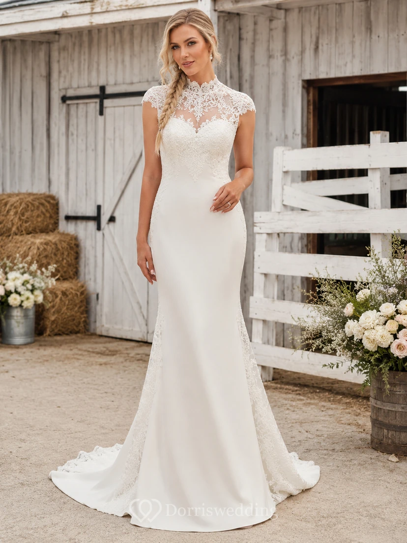 Robe de mariée sirène en satin satiné, col montant, sans manches, dentelle, dos nu en forme de goutte, style champêtre, avec traîne chapelle