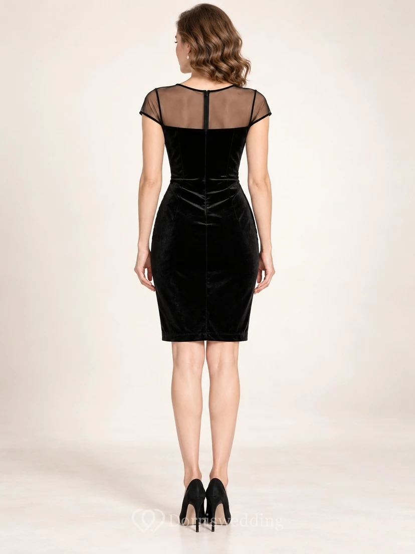 Black Illusion Neck Cap Sleeve Fitted Velvet Cocktail Dress view 2