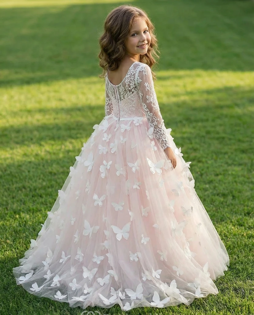 Pink Long Sleeve First Communion Ball Gown view 2