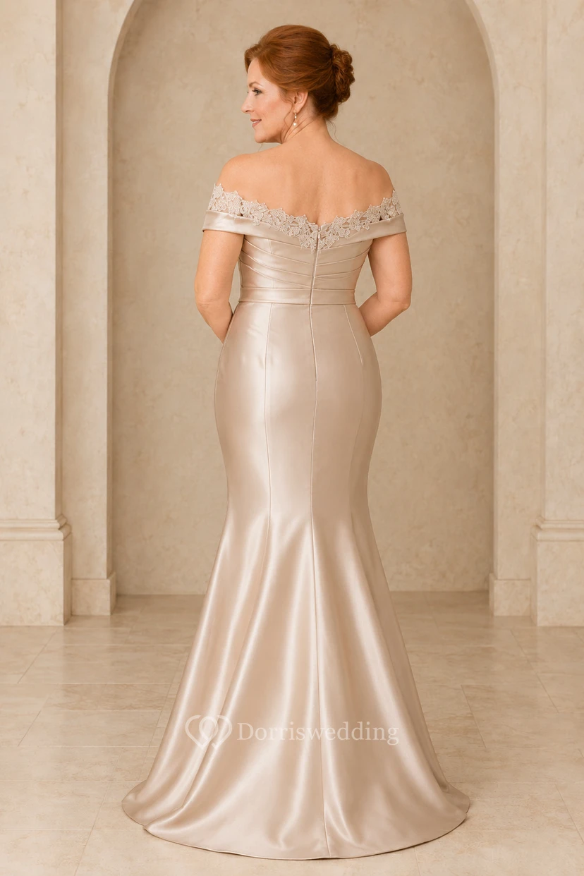 MOB-Kleid Champagner Satin Spitze Meerjungfrau Kurzarm Schulterfrei Bodenlang Gerafft view 2