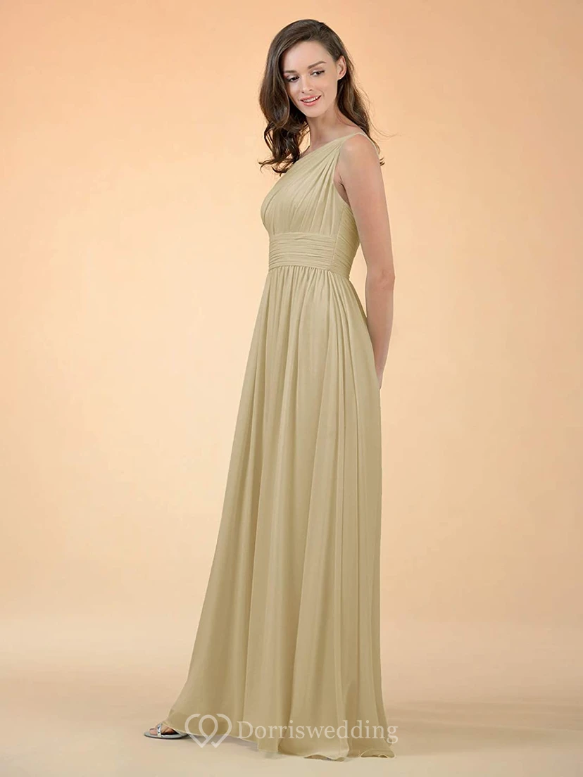 Elegantes, schulterfreies, bodenlanges Chiffon-Brautjungfernkleid in A-Linie mit Raffungen und A-Linien-Schnitt view 11