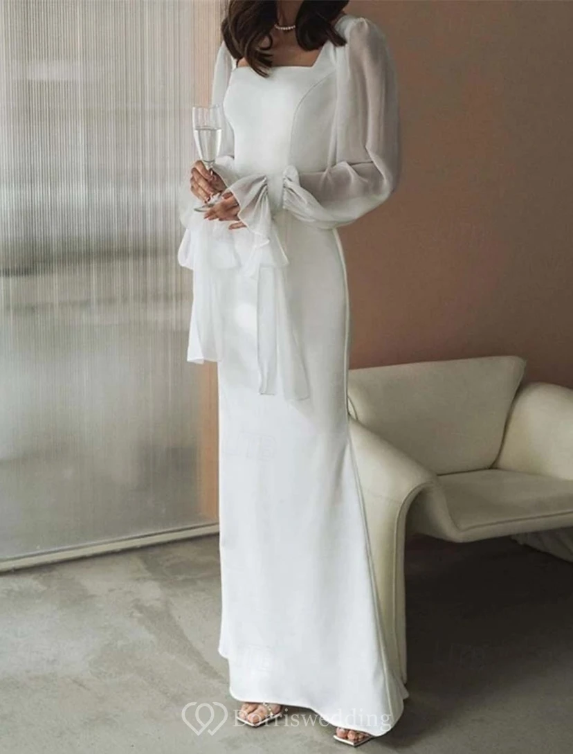 Minimalistisches Brautkleid mit eckigem Ausschnitt und Bischofsärmeln view 2