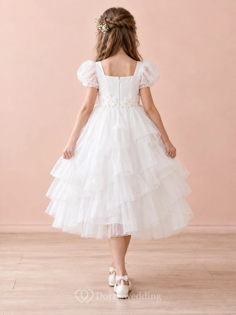 Tea-length Square Neck White Puff Sleeve Floral Waist Satin Tiered Tulle Flowergirl Dress view 2