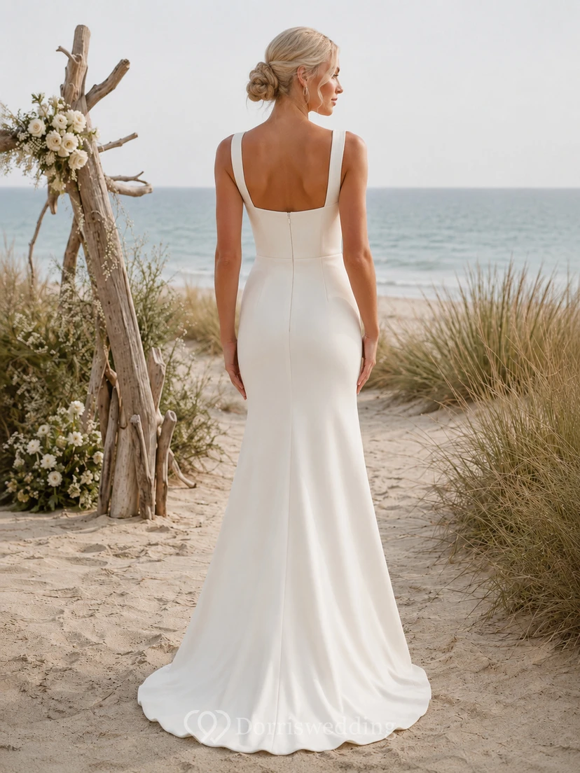 Affordable Square Strap Crepe Sheath Beach Wedding Dress view 2