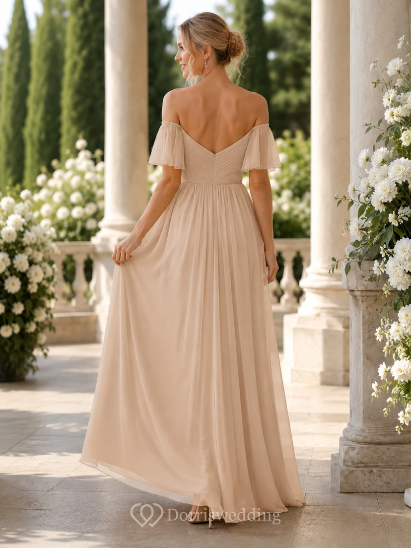 Champagne Bridesmaid Dress A-Line Chiffon Off-the-Shoulder Flutter Sleeve Slit Romantic Garden Gown view 2