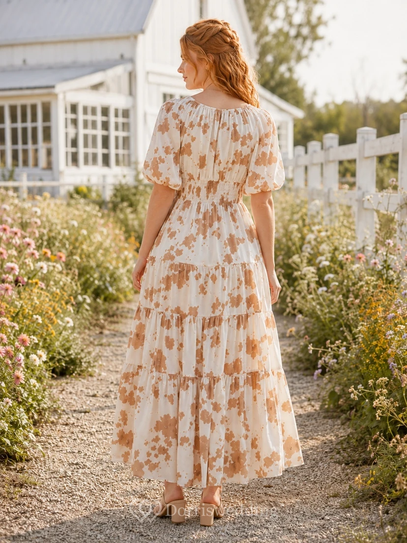 Cremefarbenes, braunes Landhauskleid mit Kuhmuster, Rundhalsausschnitt, kurzen Ärmeln, Chiffon-Stufenrock und Knöchellänge view 2