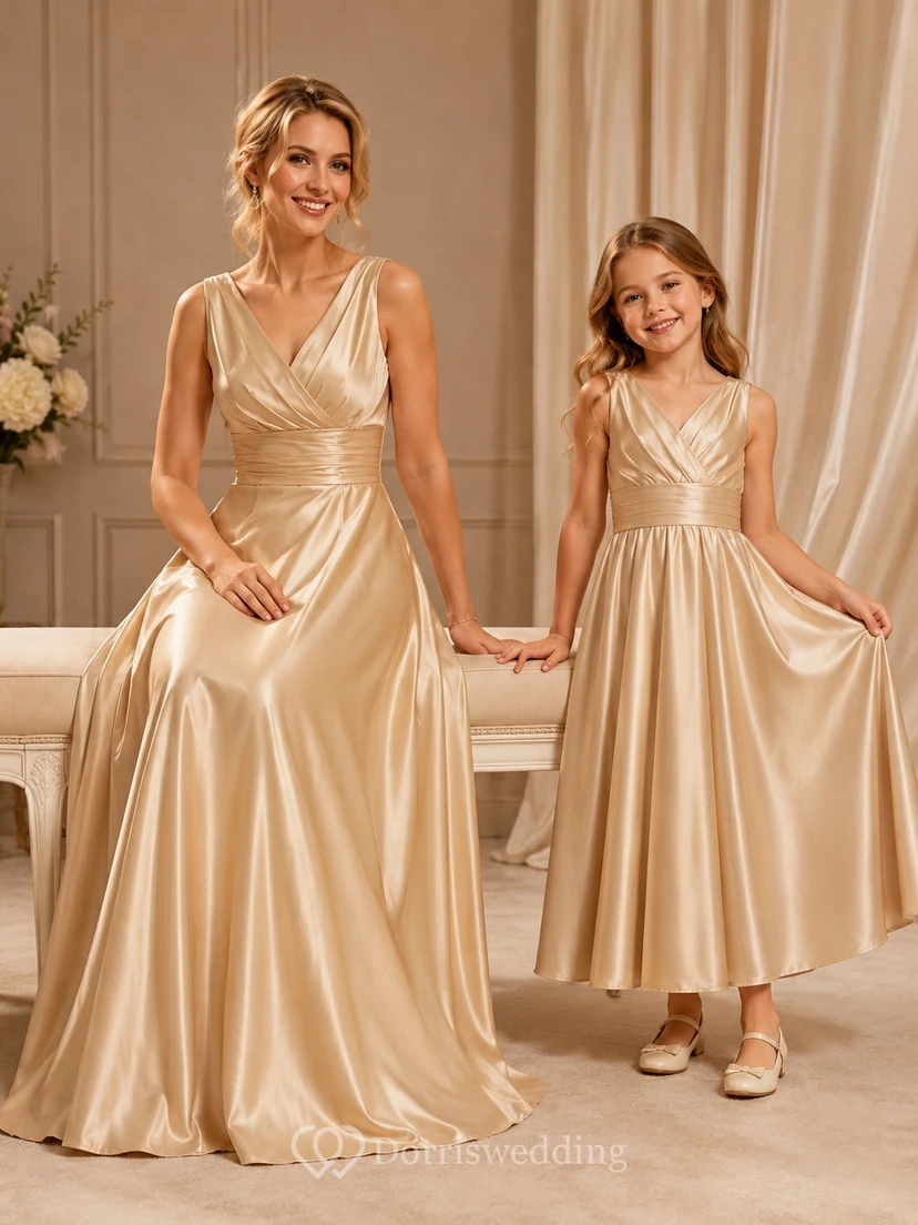Mutter-Tochter-Set: Champagnerfarbenes, ärmelloses A-Linien-Abendkleid aus Satin