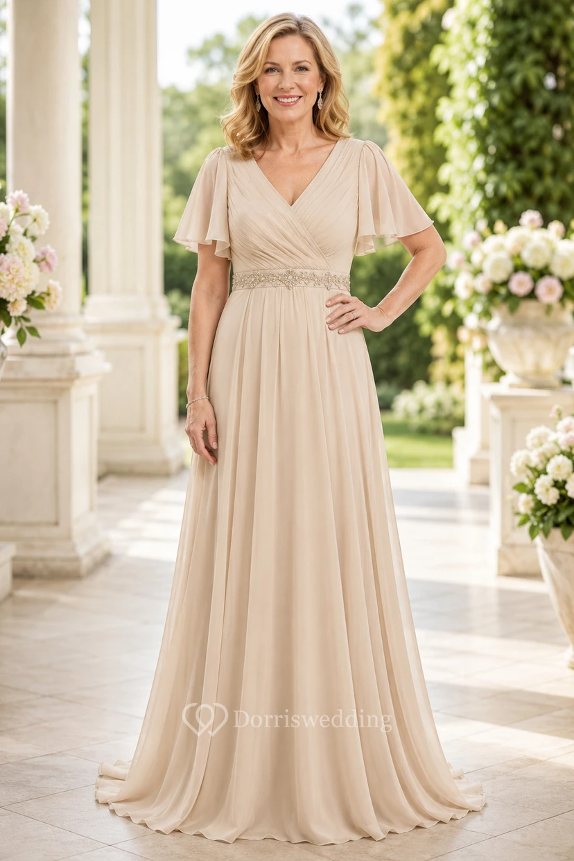 MOB-Kleid Champagnerfarbener Chiffon, A-Linie, kurze Ärmel, V-Ausschnitt, bodenlang, Perlenbesatz