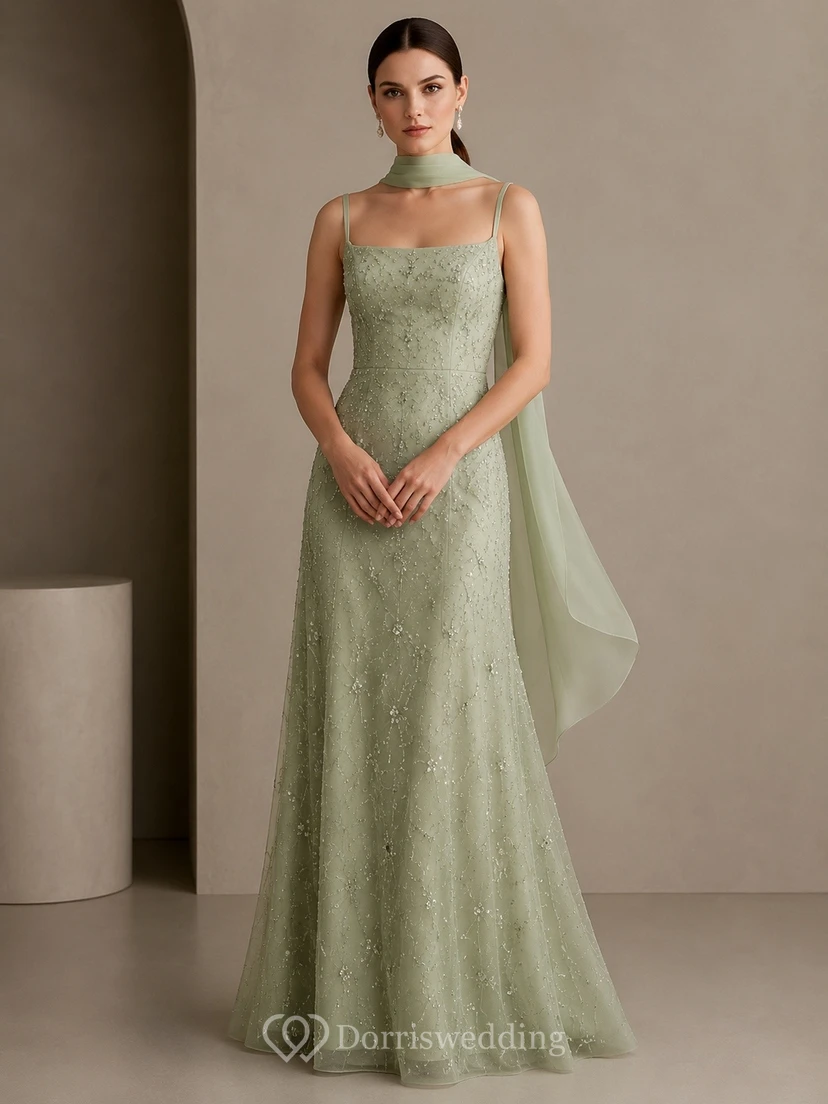 Sage Green Square Neck Lace A-Line Sweep Train Formal Dress