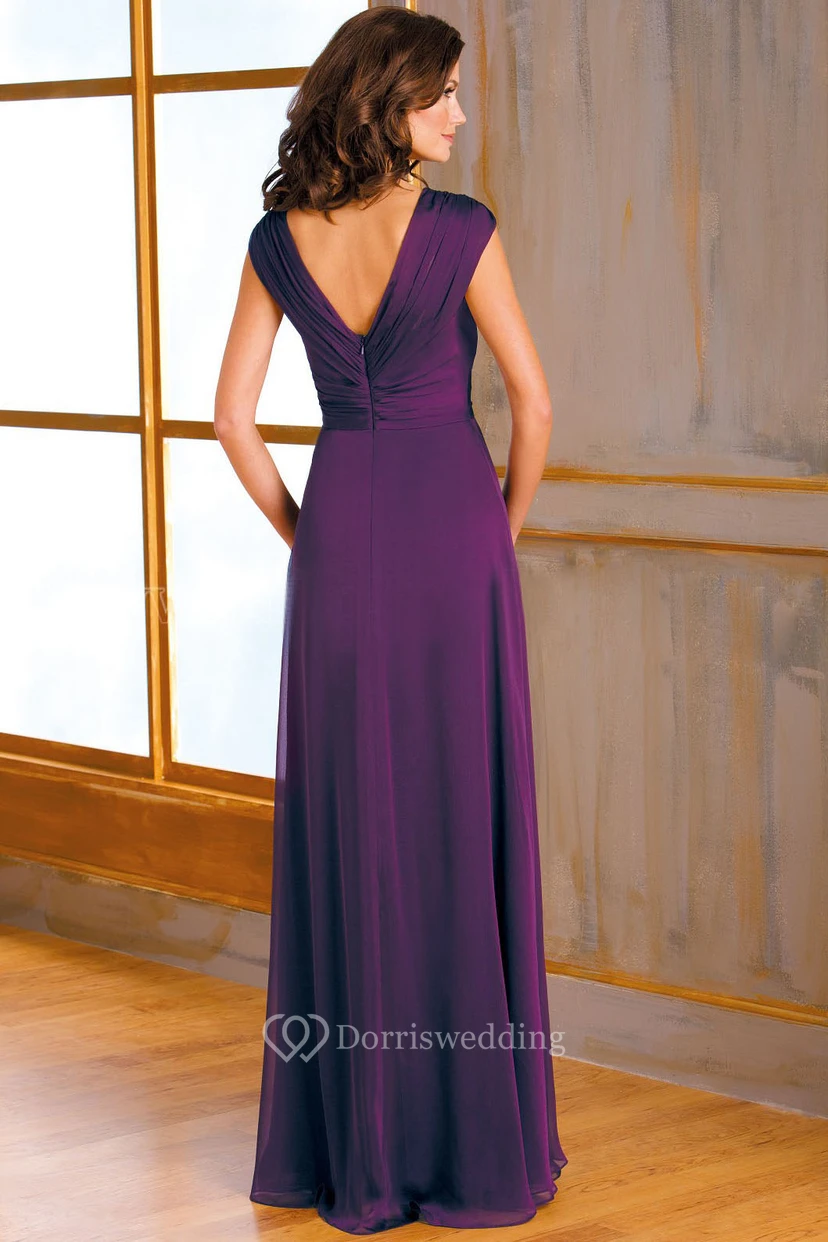 Cap-Sleeved V-Neck A-Line Mother Of The Bride Dress With Side Sequins And Ruffles view 2