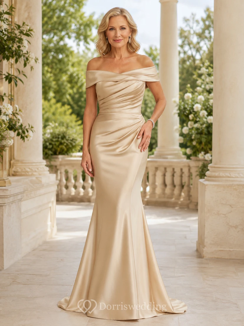 Champagne Luxury Off-Shoulder Stretch-Satin Mermaid Floor-Length Mother of the Bride Dress with Sculpted Ruching
